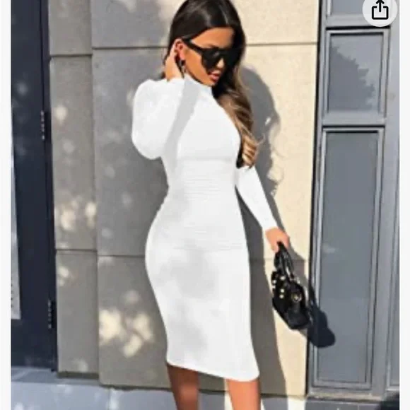 Hocille Dresses | Women's Casual Long Sleeve Bodycon Sexy Turtleneck Midi Dress | Color: White | Size: S | Hdelite's Closet Hocille Dresses | Women's Casual Long Sleeve Bodycon Sexy Turtleneck Midi Dress | Color: White | Size: S | Hdelite's Closet